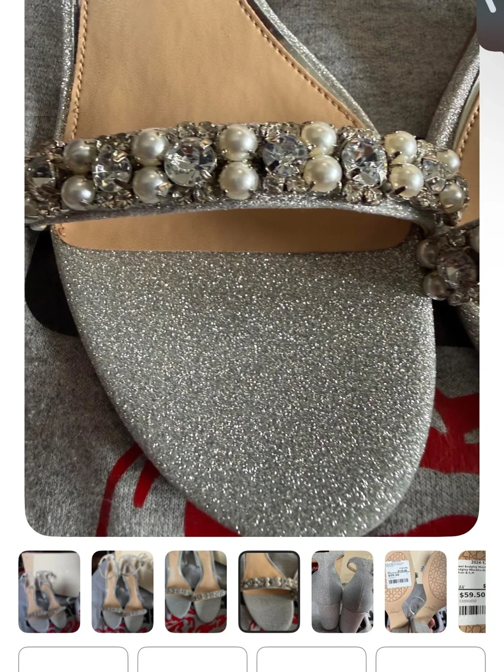 Badgley Mischka Silver Glitter Ankle-Strap Block Heels with Jeweled Toe Strap